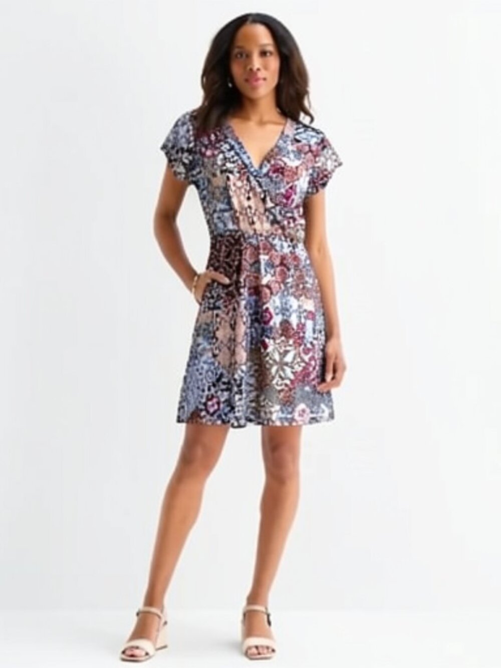 Chetta B Women's Shorts Sleeves Front Wrap Mini Dress Floral Size S